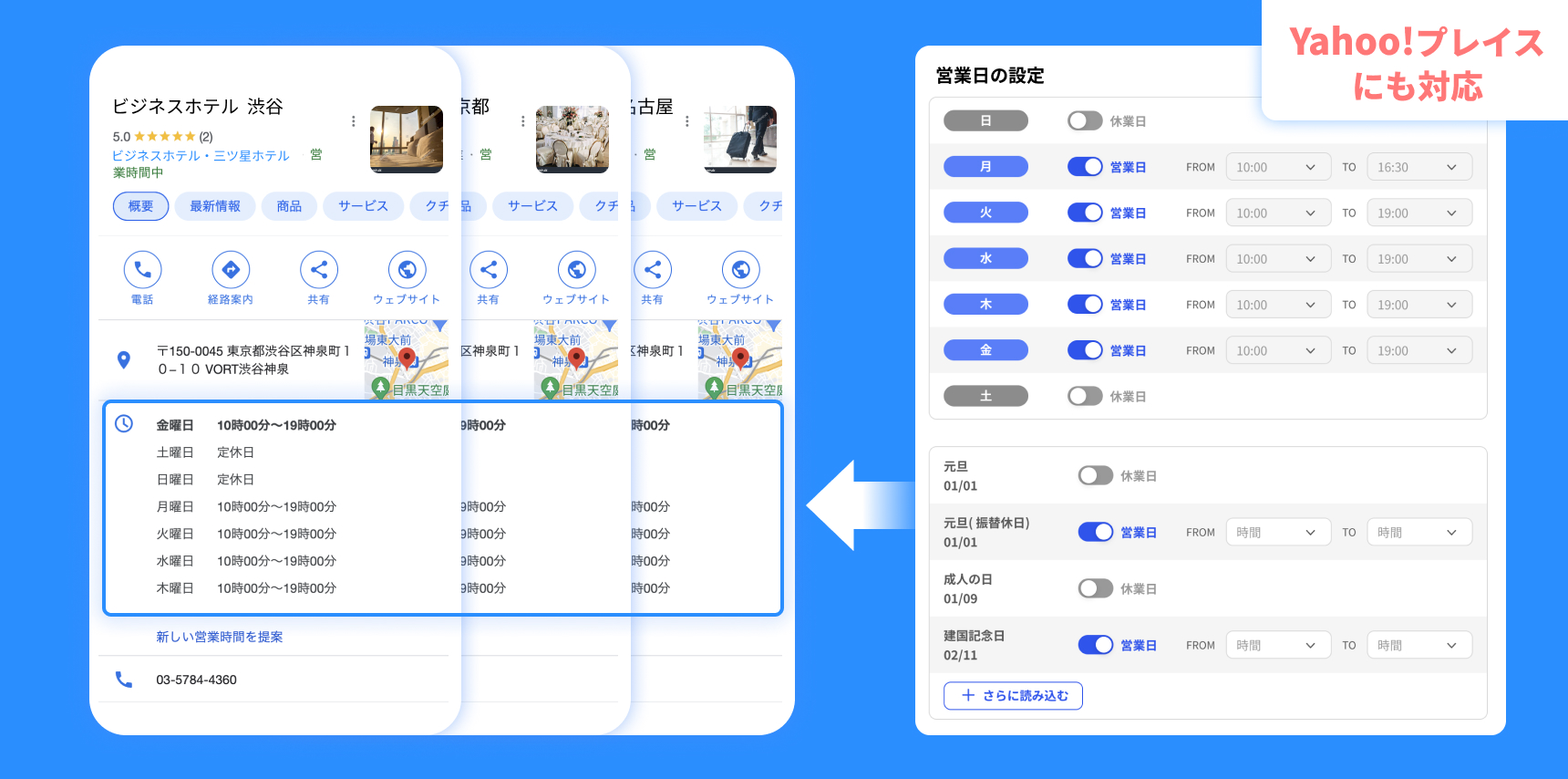 営業時間の更新や電話番号、WEBサイトのURLの登録も一括で複数店舗に登録可能です。